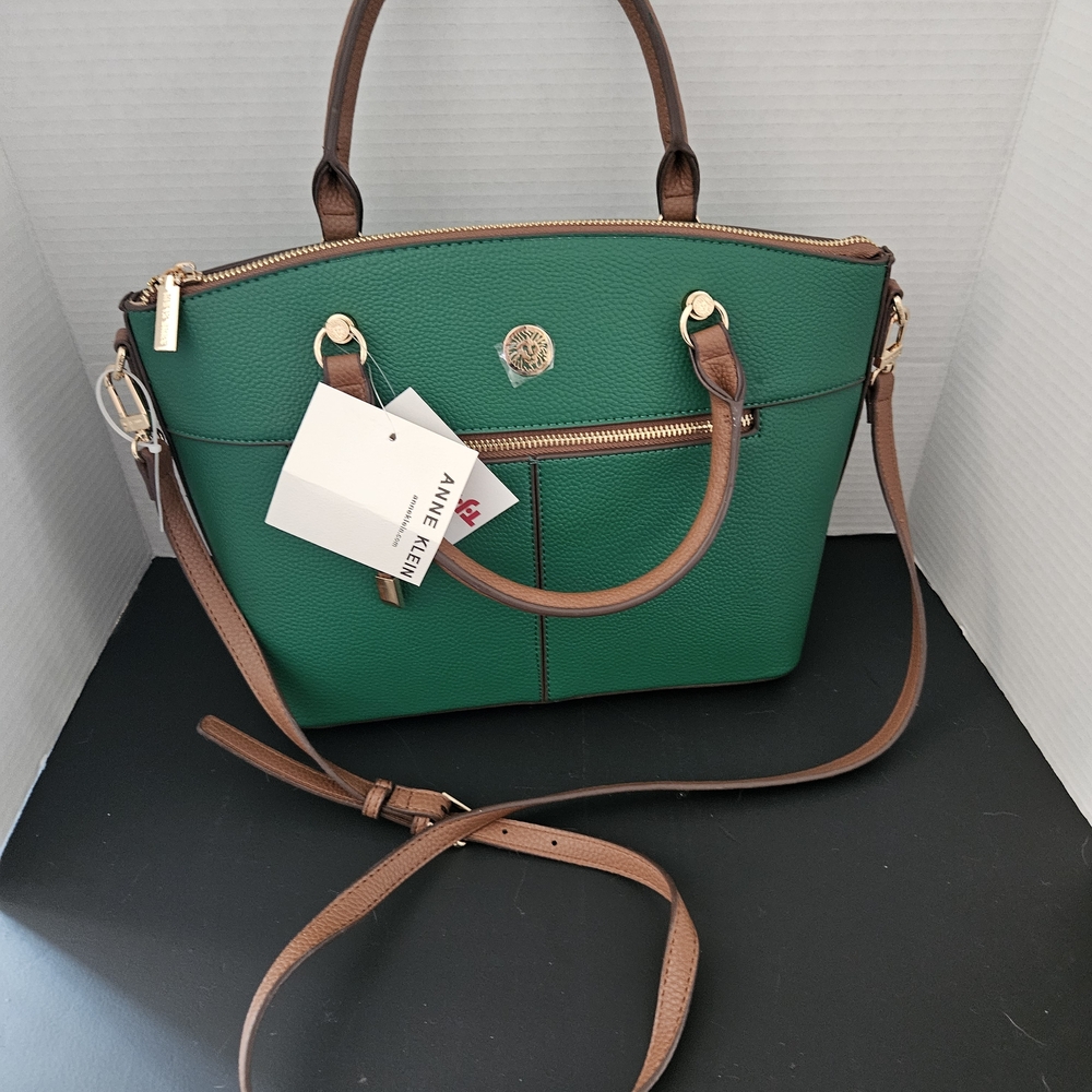 Anne Klein Green Satchel with Brown Trim